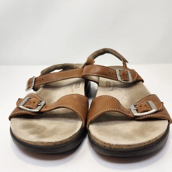 SAS Women Brown Leather Ankle Strap Sandal Size 8 Wide Comfort Flats Strappy - Picture 3 of 8
